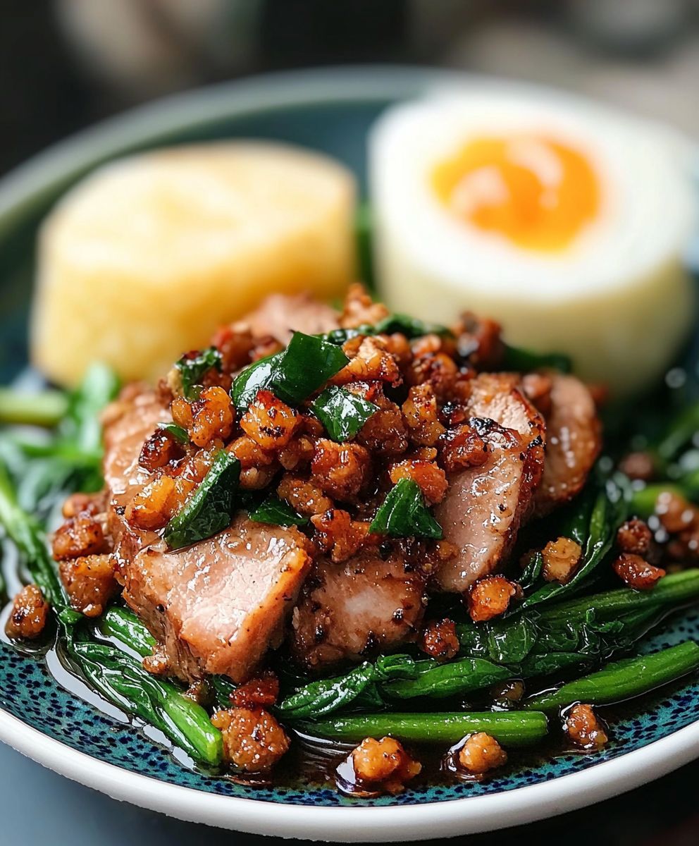 Gebratenes Schweinefleisch mit Basilikum