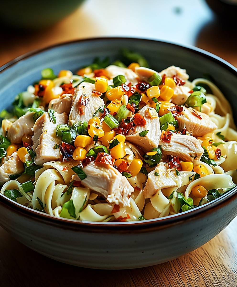 Nudel Hähnchensalat Frühlingszwiebeln
