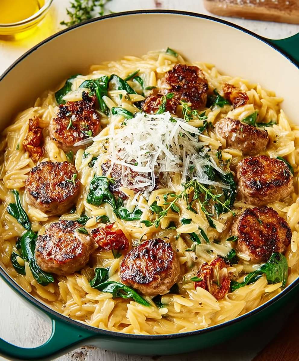 Hühnerwurst Orzo cremig