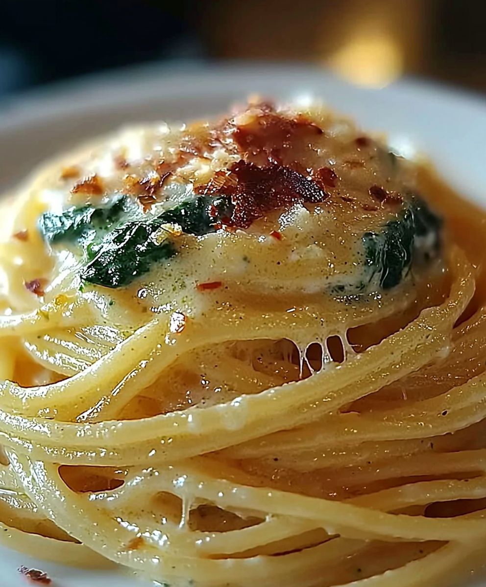 Spaghetti Spinat Frischkäse Sauce