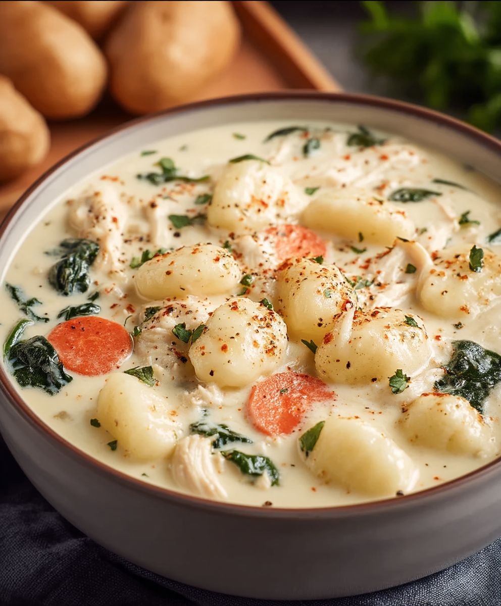 Cremige Hühnchen Gnocchi Suppe