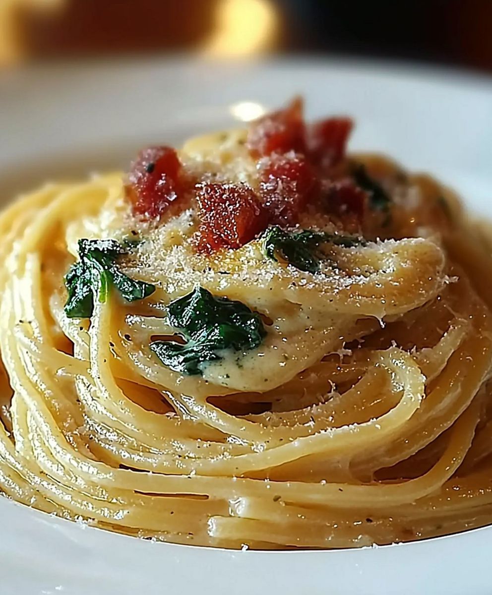 Spaghetti Spinat Frischkäse Sauce