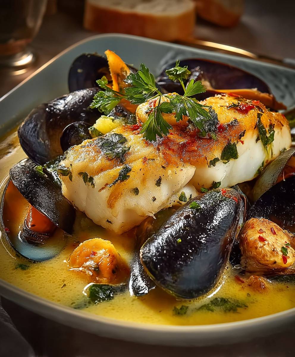 Schellfisch Miesmuscheln Weißweinsud