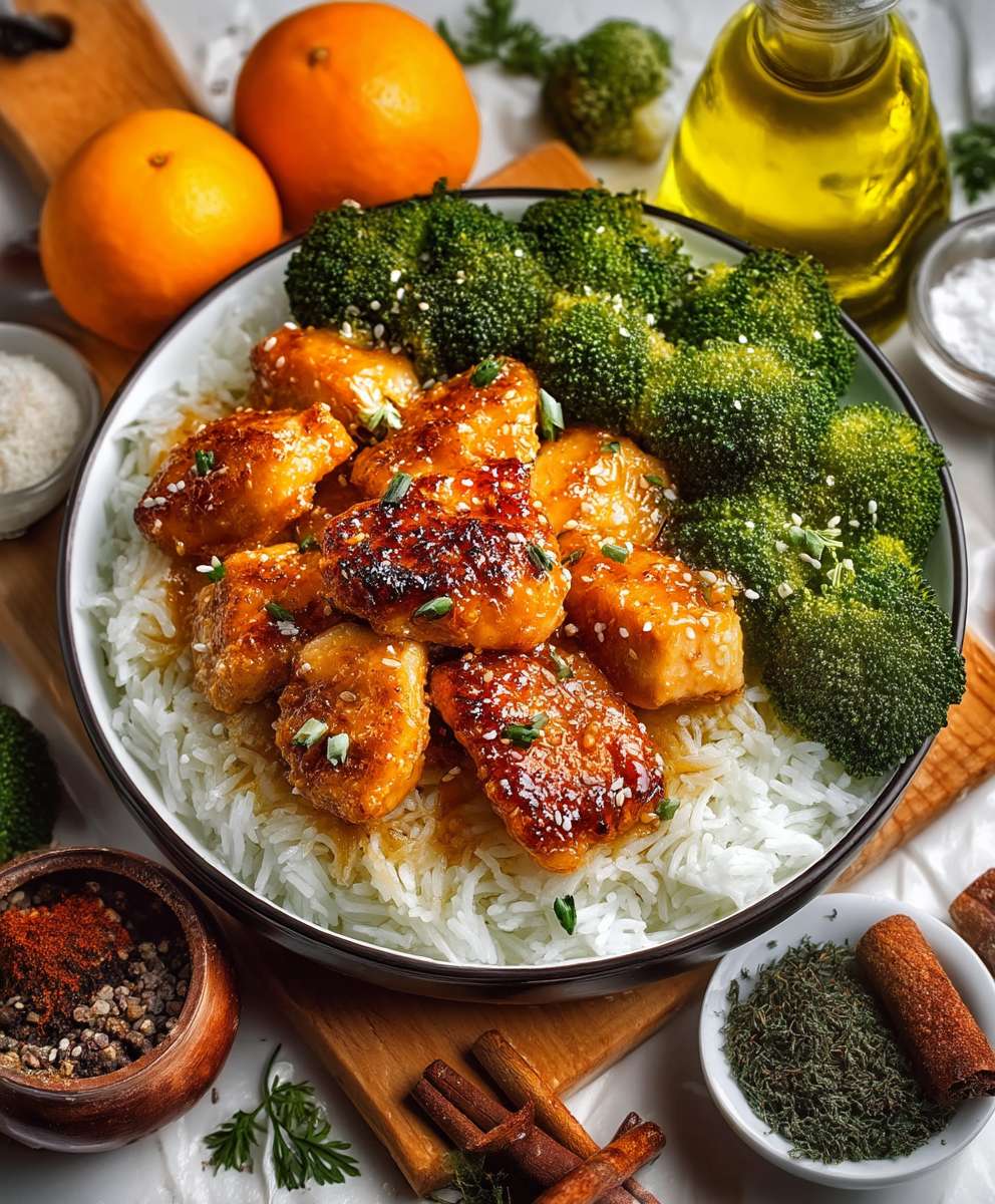 Hähnchen Orangensoße Reis Brokkoli