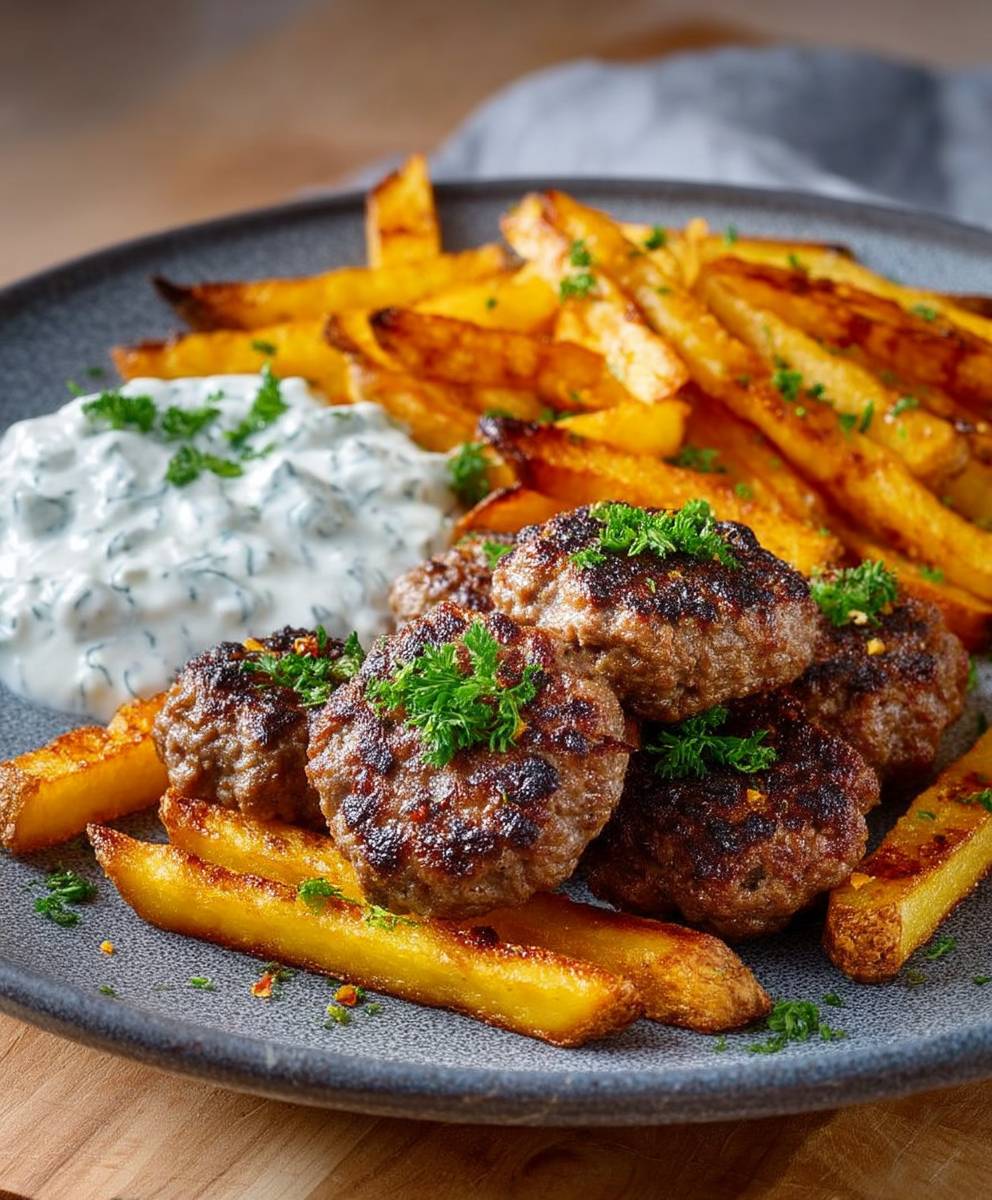 Türkische Köfte Joghurtsoße Pommes