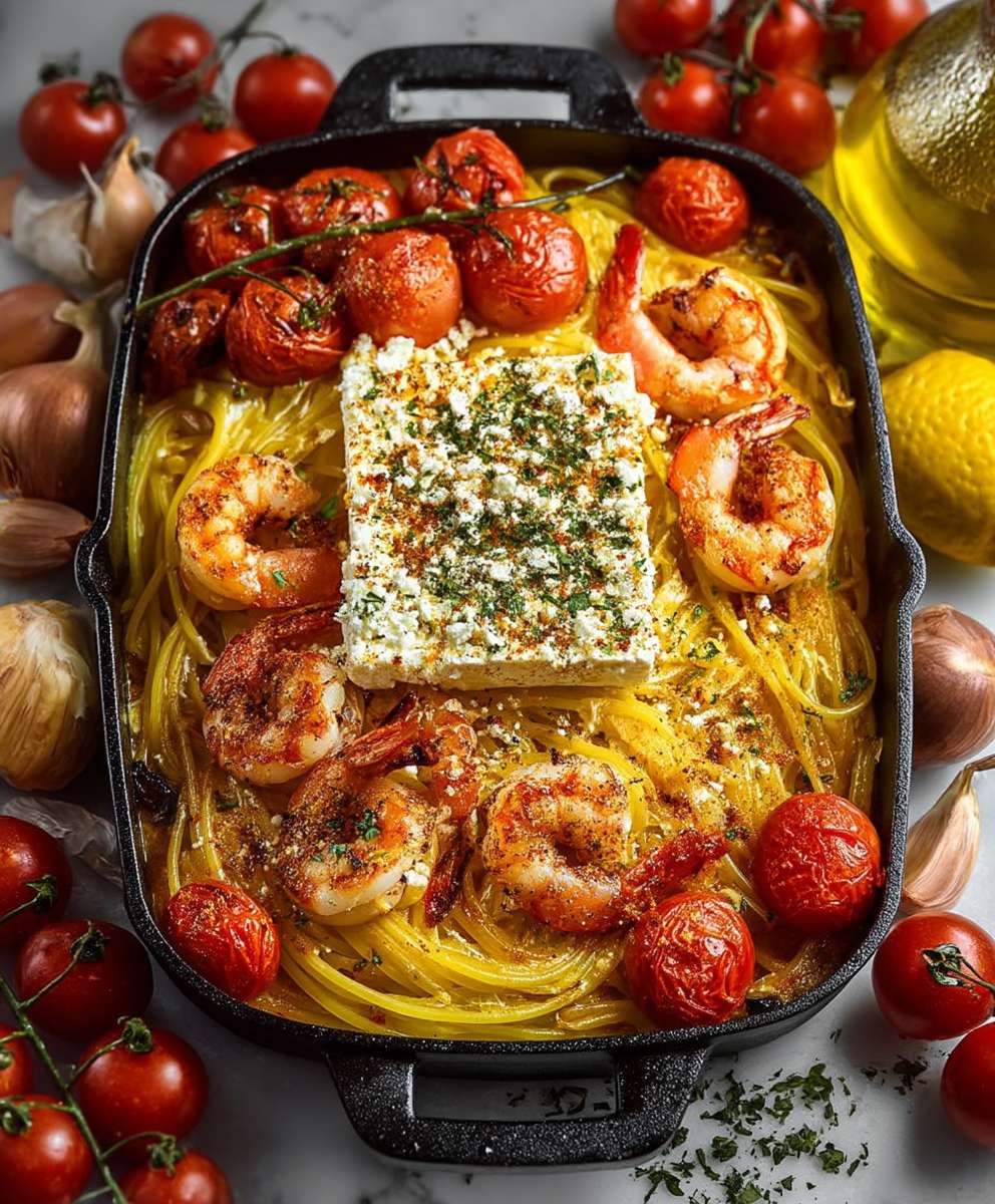 Ofen Spaghetti Feta Garnelen