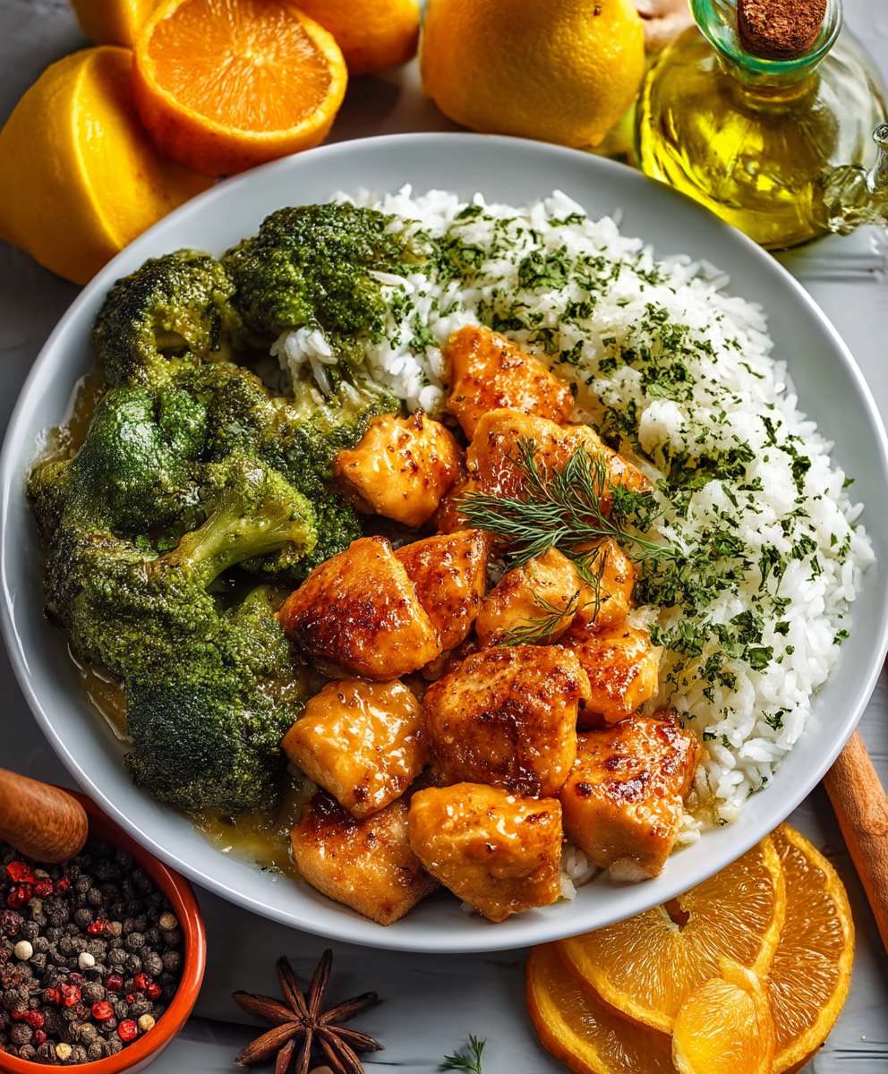 Hähnchen Orangensoße Reis Brokkoli
