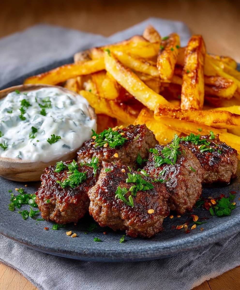 Türkische Köfte Joghurtsoße Pommes