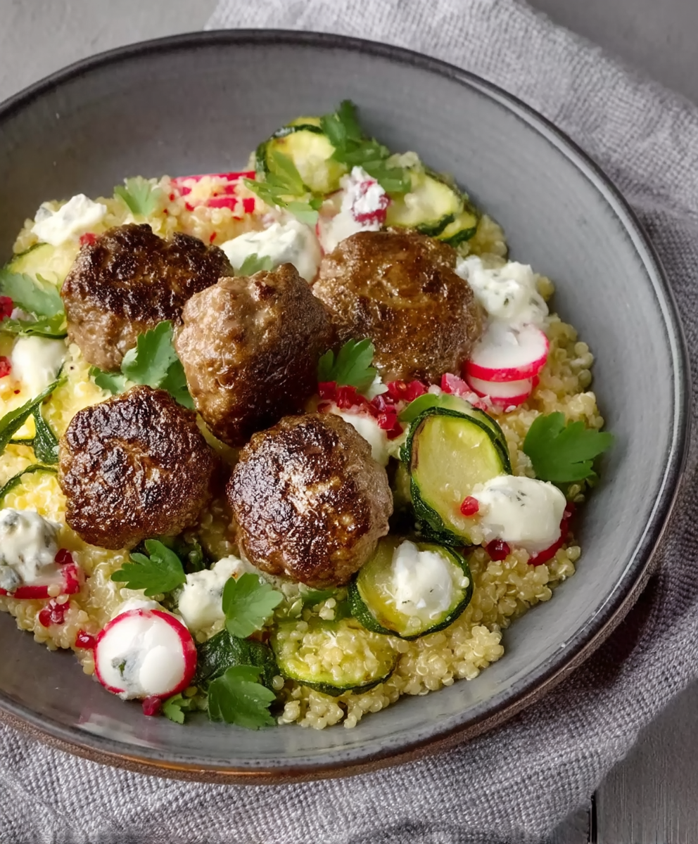 Hirse Radieschen Salat Fleischbällchen